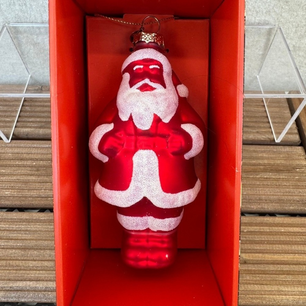 John Derian Glass Santa Ornament Red White Glitter Vintage Style Box
